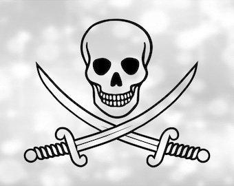 Holiday Clipart: Skeleton Head / Human Skull Silhouette w/ Crossed Pirate Swords Black Outline - Jolly Roger Flag - Digital Download SVG/PNG