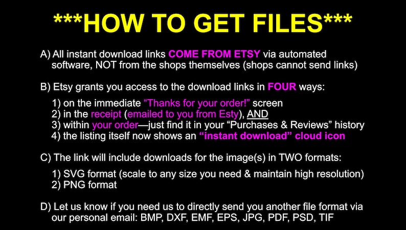 May include: Black and white text on a black background explaining how to download files from Etsy. The text includes the words "COME FROM ETSY", "FOUR ways", "instant download", "SVG format", "PNG format", "BMP, DXF, EMF, EPS, JPG, PDF, PSD, TIF".
