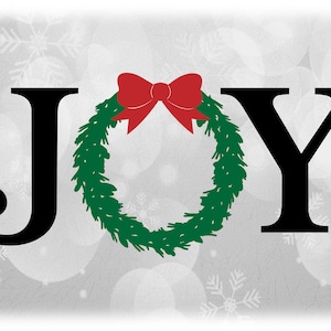 Clipart navideño: Palabra negra "Alegría" con corona verde de hoja perenne y lazo rojo para la letra "O" - Tema de Navidad Descarga digital SVG y PNG