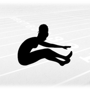 Sports Clipart: Black Track & Field Long Jump Silhouette of African American Female Jumper Jumping Forward, Digital Download svg png dxf pdf
