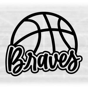 May include: Black and white basketball graphic with the word "Braves" in a cursive font. The basketball design features the typical lines and segments of a basketball. The image is set against a light background.