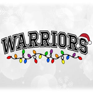 Holiday Clipart: Black Arched Team Mascot Name "Warriors" with Santa Hat and String of Christmas Lights - Digital Download svg png dxf pdf