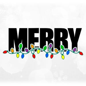 Holiday Clipart: Black Team Mascot Name "MERRY" with Long Green String of Colorful Christmas Light Bulbs - Digital Download svg png dxf pdf