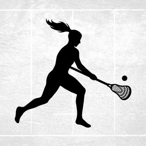 Sports Clipart: Black Silhouette of Female / Woman / Girl Lacrosse Player Running with Lacrosse Stick - Digital Download svg png dxf pdf