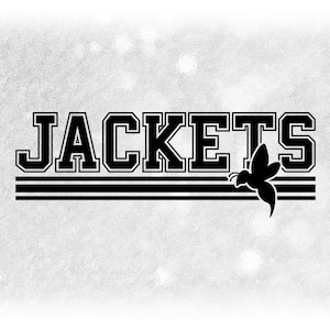 Sports Clipart: Black Bold Varsity "Jackets" Team Mascot Name above Stripes with Yellow Jacket Silhouette - Digital Download svg png dxf pdf