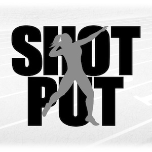 Sports Clipart: Gray Silhouette Female Thrower Overlay on Black Words "Shot Put" for Track and Field - Digital Download svg png dxf pdf