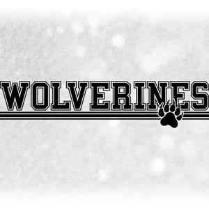 Sports Clipart: Black Bold "Wolverines" Team Mascot Name in Varsity with Stripes and Paw Silhouette - Digital Download svg png dxf pdf