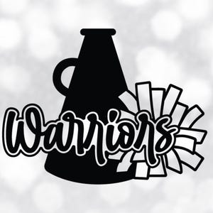 May include: Black and white silhouette of a megaphone and a cheerleading pom-pom with the word "Warriors" in a stylized font.