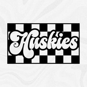 Sports Clipart: Team Mascot Name "Huskiess" in Groovy Retro Style Cutout of Black Checkered Background - Digital Download svg png dxf pdf