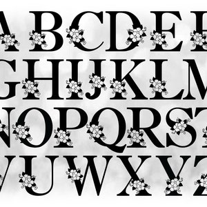Word Clipart: Value Pack Bundle Entire Alphabet of 26 of Black Formal Capital Letters with Floral/Flower Accents - Digital Download SVG/PNG