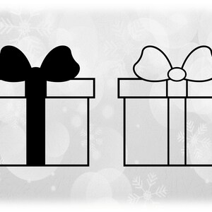 Clipart des Fêtes: Boîte cadeau de Noël ou Silhouette cadeau avec nœud noir massif et contour, changez de couleur vous-même - Téléchargement numérique SVG / PNG
