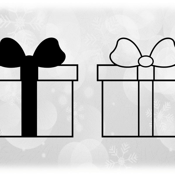 Holiday Clipart: Christmas Gift Box or Present Silhouette with Bow Black Solid and Outline, Change Color Yourself - Digital Download SVG/PNG