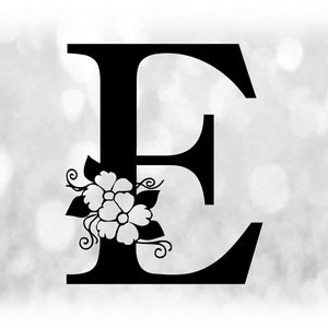 Word Clipart: Negro formal letra mayúscula "E" con acentos florales / florales - Cambiar color con su propio software - Descarga digital SVG y PNG