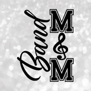 Entertainment Clipart: Black Words "Band Mom" in Script and College Style with Treble Clef as Letter "O", Digital Download svg png dxf pdf