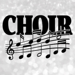 Shape Clipart: Black Word "Choir" and Silhouette of Music Sheet with Treble Clef and Different Notes  - Digital Download svg png dxf pdf