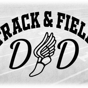 May include: Black and white graphic design with the text "TRACK & FIELD" above the text "D&D" with a stylized winged foot between the D's.