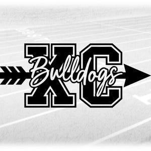 May include: Black and white graphic of an arrow pointing right with the letters "XC" in a bold font and the word "Bulldogs" written in a cursive font.