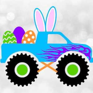 Clipart: Blauer Monstertruck mit Hasenohren, Ostereiern und zerbrochenen / zerbrochenen Eierschalen zu Ostern - Digitaler Download SVG & PNG