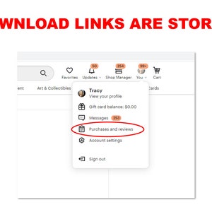 May include: A screenshot of a website showing a user's account menu. The menu options include: View your profile, Gift card balance, Messages, Purchases and reviews, Account settings, and Sign out.