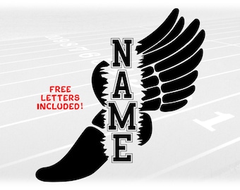 Sports Clipart: Black Split Name Frame Wing Running Shoe from Mercury/Hermes to Symbolize "Track & Field" - Digital Download svg png dxf pdf