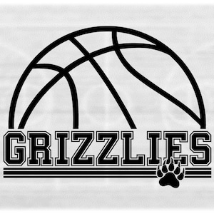 Sports Clipart: Black Half Basketball with "Grizzlies" Team Name Varsity Style with Paw Silhouette Cutout - Digital Download svg png dxf pdf