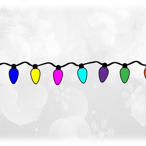 May include: A string of colourful Christmas lights with red, blue, yellow, pink, turquoise, purple, green, and orange bulbs.