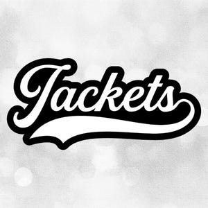 May include: A white cursive wordmark with a black outline that reads "Jackets" on a white and gray background.