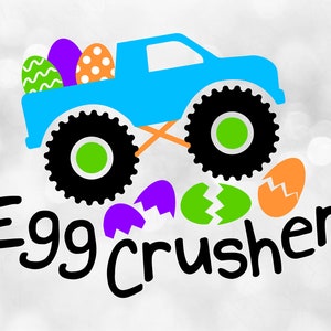 Clipart navideño: Camión monstruo azul con huevos de Pascua y palabras negras "Trituradora de huevos" y cáscaras rotas para Pascua - Descarga digital SVG y PNG