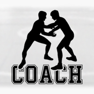 Sports Clipart: Black Male Wrestler SIlhouettes with Bold College Varsity Word "Coach" for Coaches - Digital Download svg png dxf pdf