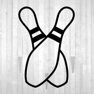 May include: Two black and white bowling pins crossed over each other.