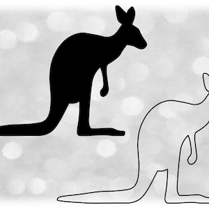Animal Clipart: Silhouette adulte kangourou ou wallaby en noir uni et contour - Changez la couleur vous-même - Téléchargement numérique SVG & PNG