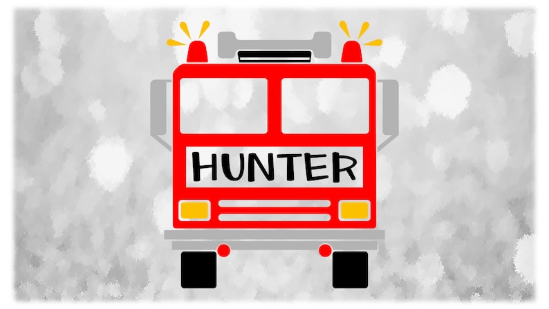 May include: Red fire engine with black wheels and yellow headlights. The words "HUNTER" are printed on the front of the engine.