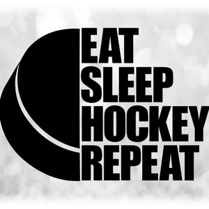 Sports Clipart: Half Black Puckl Outline with Words "Eat Sleep Hockey Repeat" - Players, Teams, Parents, Coaches - Digital Download SVG/PNG