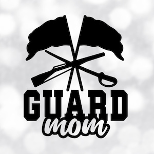 Sports Clipart: Black Flag, Rifle, and Sabre with Arched "Guard" and Script "Mom" Cutout for Color Guard - Digital Download svg png dxf pdf