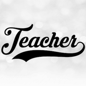以下が含まれることがあります： 白とグレーのボケ背景に、黒の筆記体で「Teacher」と書かれたテキスト。 この単語は、Tに装飾的な飾りと曲線の下線が付いたスクリプトフォントです。