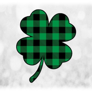 Flower/Nature Clipart: Black Buffalo Plaid on Green Four-Leaf Clover/Shamrock for Luck Irish St. Patrick's, Digital Download svg png dxf pdf