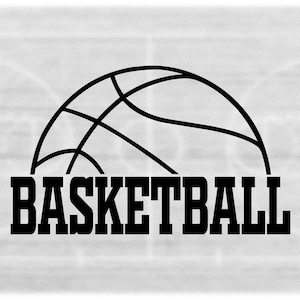 Sports Clipart: Large Black Half Basketball Shape Above Bold Word "Basketball" in Collegiate Block Lettering - Digital Download SVG & PNG