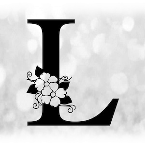 Clipart de palavras: Letra maiúscula formal preta "L" com detalhes florais / florais - Altere a cor com seu próprio software - Download digital SVG e PNG