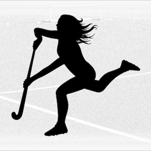 Sports Clipart: Black Female / Woman / Girl Field HOckey Player Silhouette Running with Stick with Head - Digital Download svg png dxf pdf