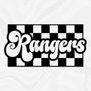 Sports Clipart: Team Mascot Name "Rangers" in Groovy Retro Style Cutout of Black Checkered Background - Digital Download svg png dxf pdf