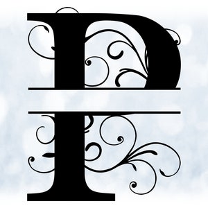 Word Clipart: Moldura de nome dividida Preto Estilo formal Letra maiúscula Inicial / Monograma "P" com cachos florais/redemoinhos - Download digital SVG e PNG