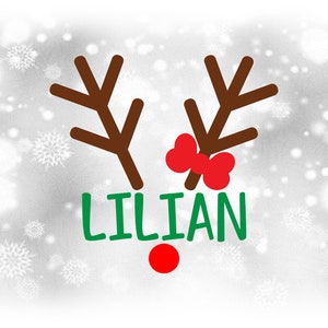 Holiday Clipart: Vrouwelijke Rendier Split Naam Frame met Bruin Gewei, Rode Strik, en Rudolph Neus voor Kerstmis - Digitale Download SVG & PNG