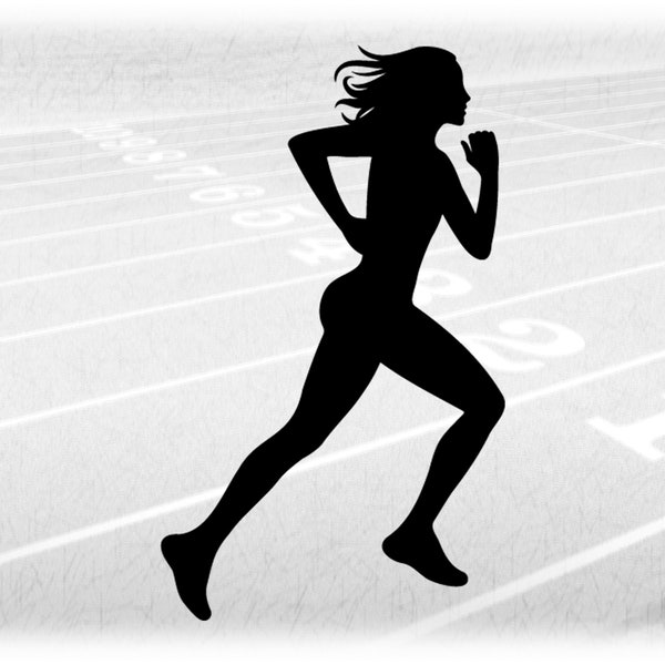 Sports Clipart: Simple Black Silhouette of Female / Girl / Woman Runner with Long Hair in Running Stance - Digital Download svg png dxf pdf