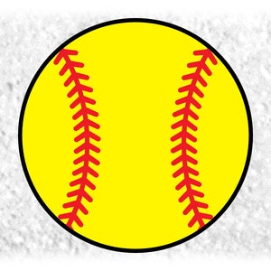 Peut inclure: Une balle de softball jaune avec des coutures rouges. La balle est sur un fond blanc.
