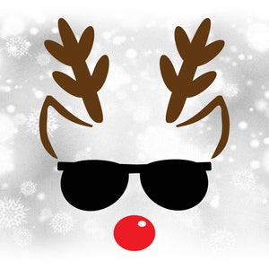 Holiday Clipart: Mannelijke of Unisex rendieren met zwarte zonnebril, bruine oren en geweien, rode neus voor Kerstmis - Digitale download SVG / PNG