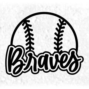 Op de afbeelding: Zwart-wit honkbalontwerp met het woord "Braves" in een scriptlettertype. De honkbalafbeelding heeft stikdetails. Het ontwerp is geplaatst tegen een witte achtergrond.