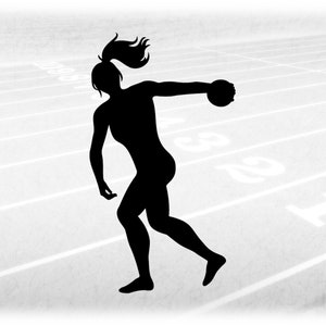 Sports Clipart: Black Silhouette of Female / Woman Thrower with Discus for Track and Field Throwing Event - Digital Download svg png dxf pdf