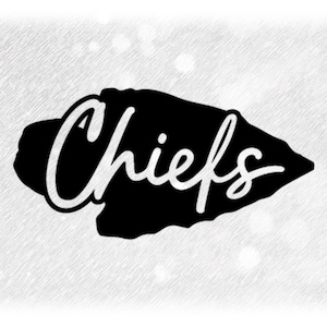 May include: Black and white illustration of an arrowhead with the word "Chiefs" written in a stylized font.