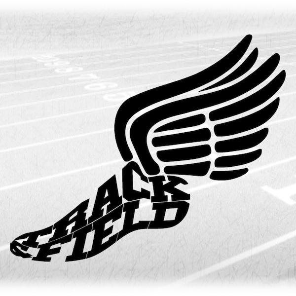 Sports Clipart: Black Winged Hermes/Mercury Running Shoe with Words "Track & Field" Shaped inside Foot - Digital Download svg png dxf pdf