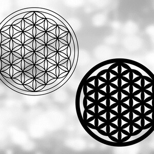 Clipart de forma: Símbolo preto sólido e contornado da flor da vida - espiritual, geometria sagrada, círculos sobrepostos - download digital SVG e PNG